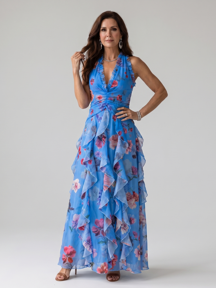 Women's Floral Dress with Halter Neck | Ruffle Maxi