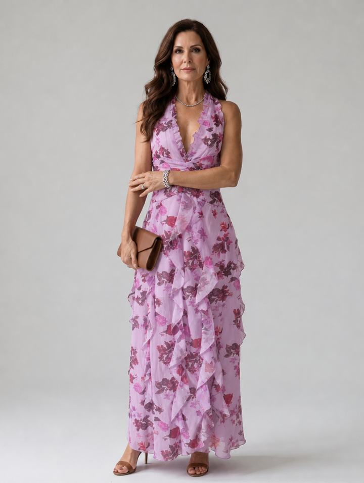 Women's Floral Dress with Halter Neck | Ruffle Maxi