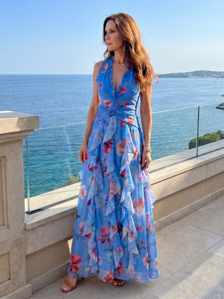 Women's Floral Dress with Halter Neck | Ruffle Maxi