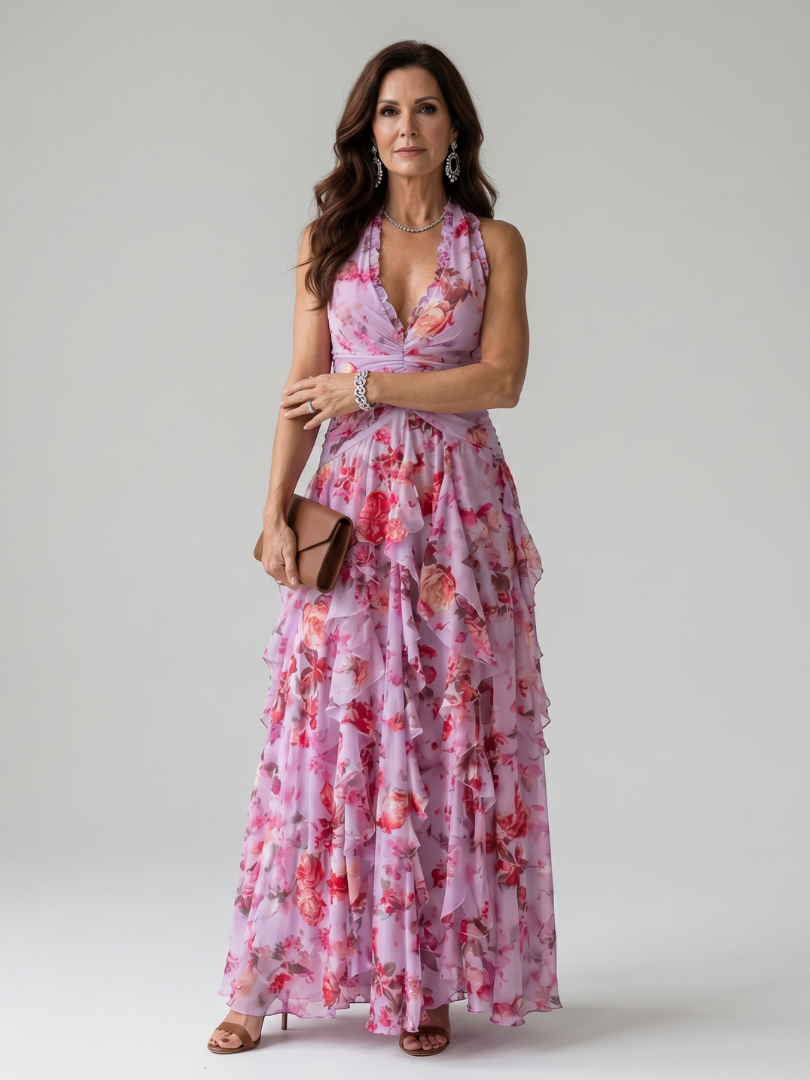 Women's Floral Dress with Halter Neck | Ruffle Maxi