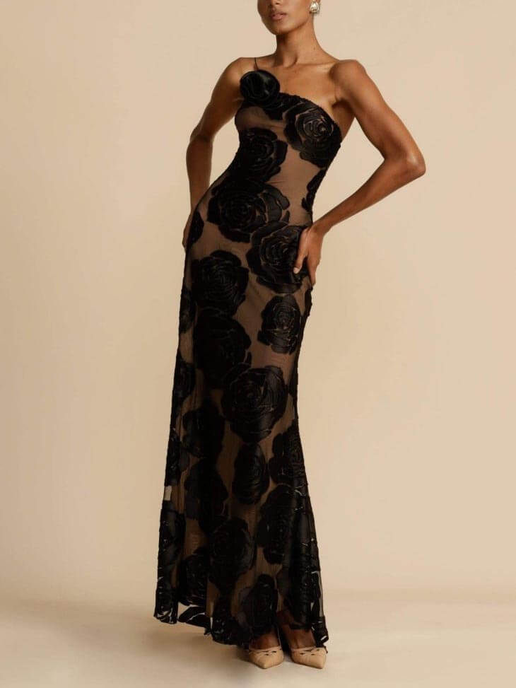 Women's Floral Dress with One Shoulder | Maxi