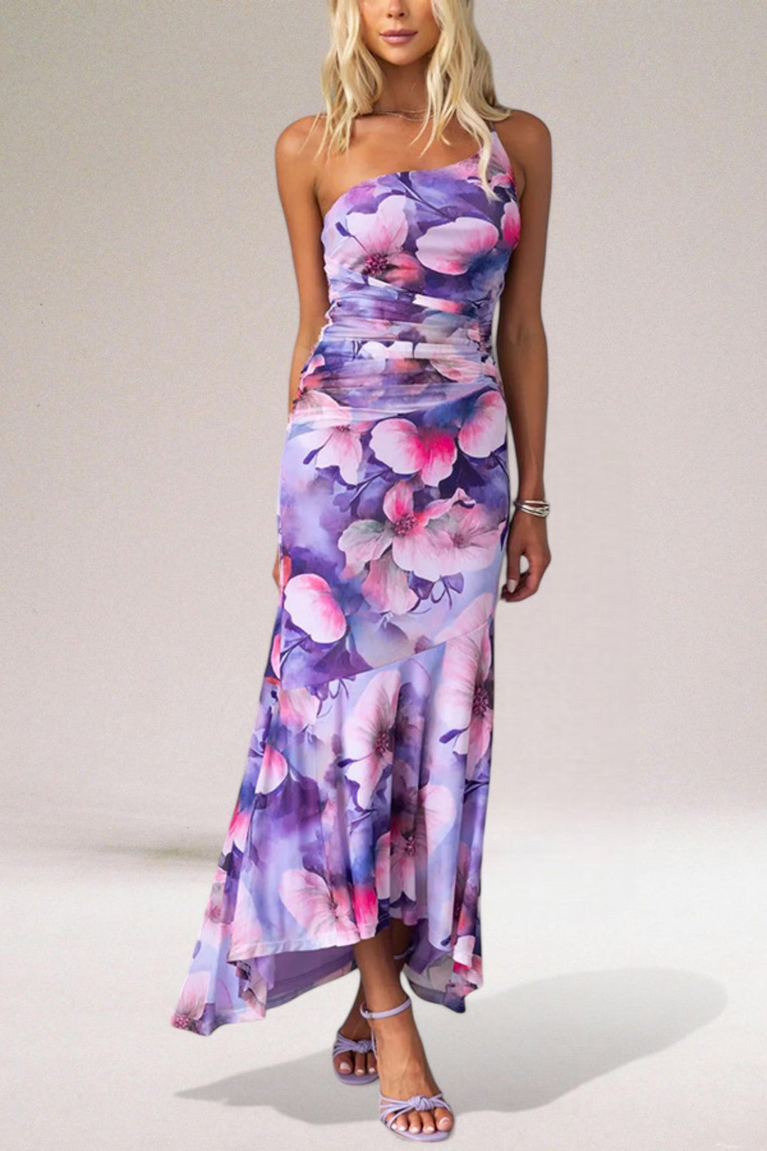 Women's Floral Dress with One Shoulder | Ruched Maxi