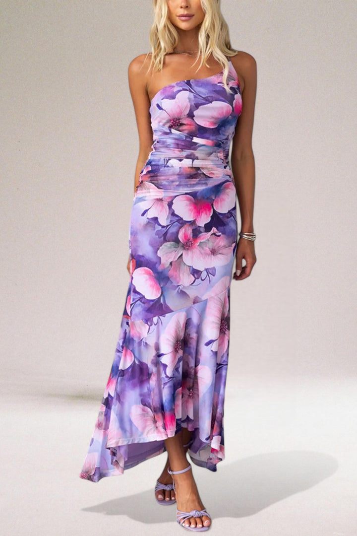 Women's Floral Dress with One Shoulder | Ruched Maxi