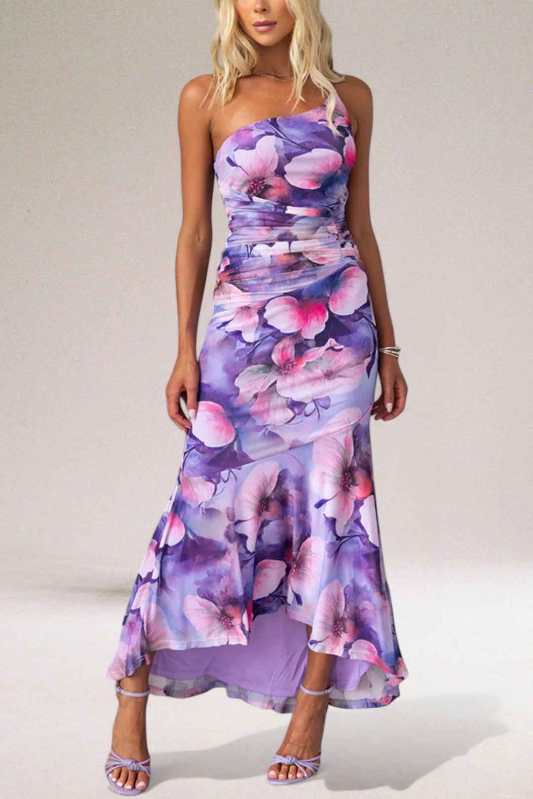 Women's Floral Dress with One Shoulder | Ruched Maxi