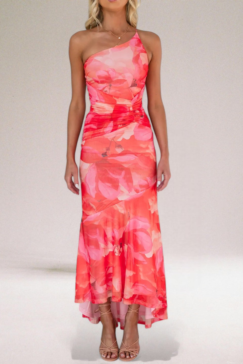 Women's Floral Dress with One Shoulder | Ruched Maxi