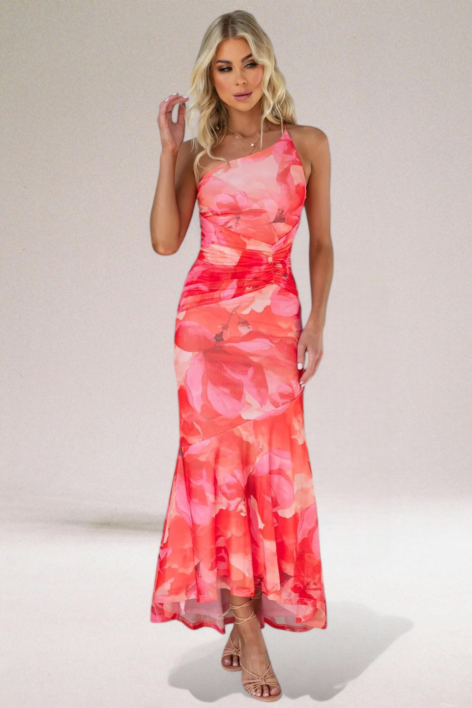 Women's Floral Dress with One Shoulder | Ruched Maxi