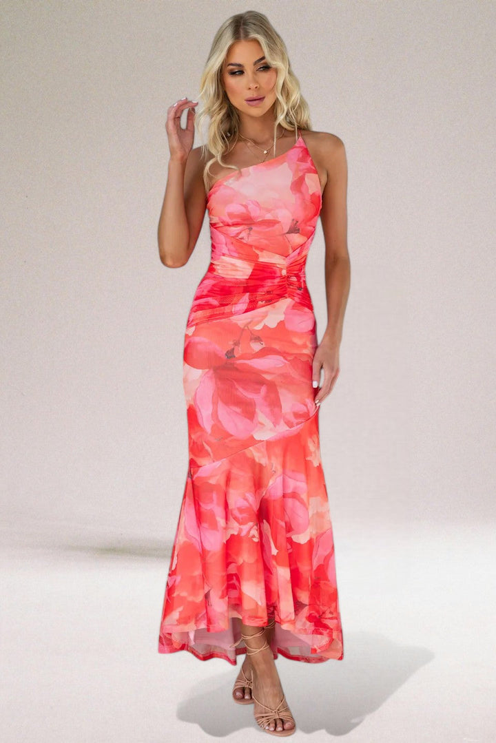 Women's Floral Dress with One Shoulder | Ruched Maxi