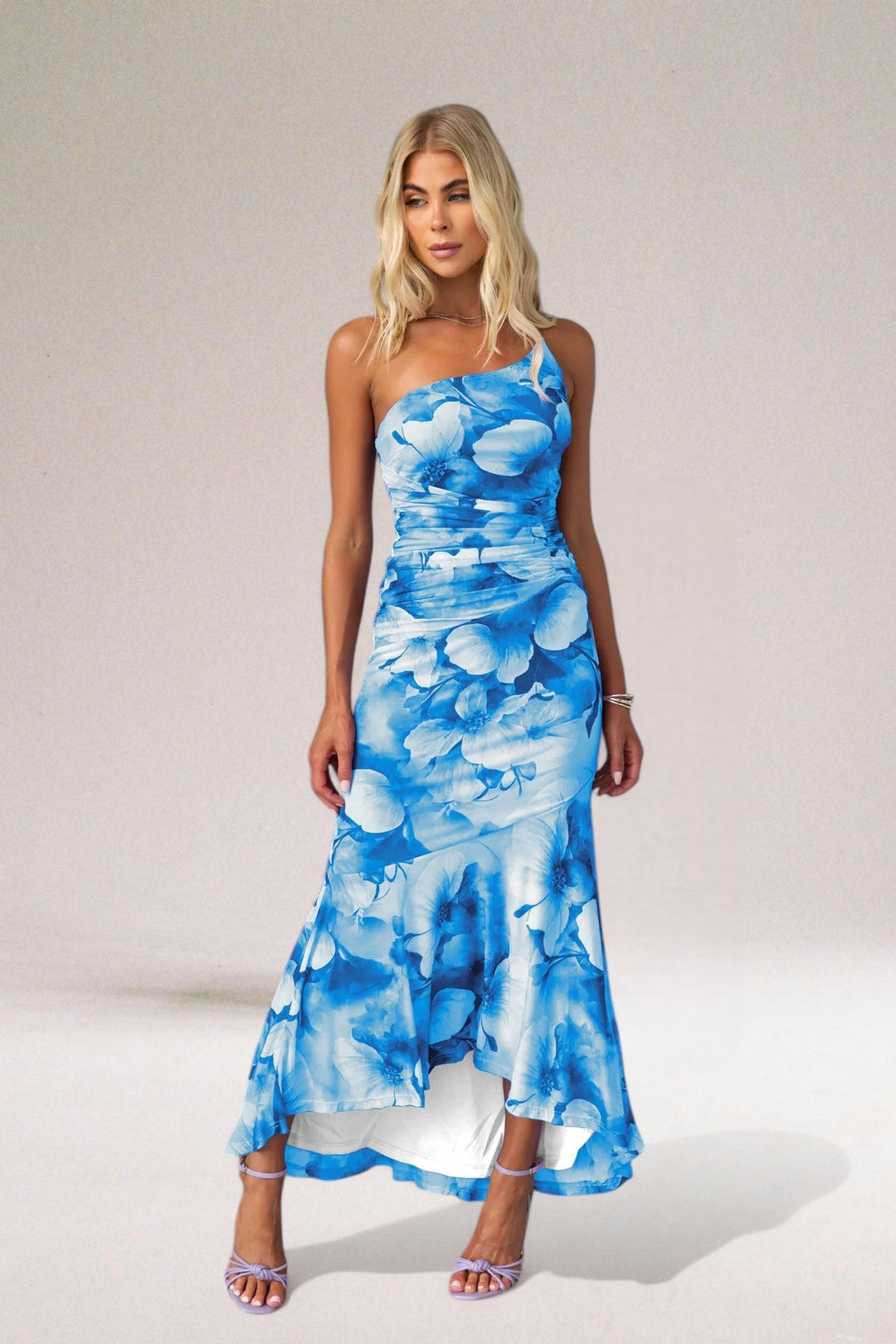 Women's Floral Dress with One Shoulder | Ruched Maxi