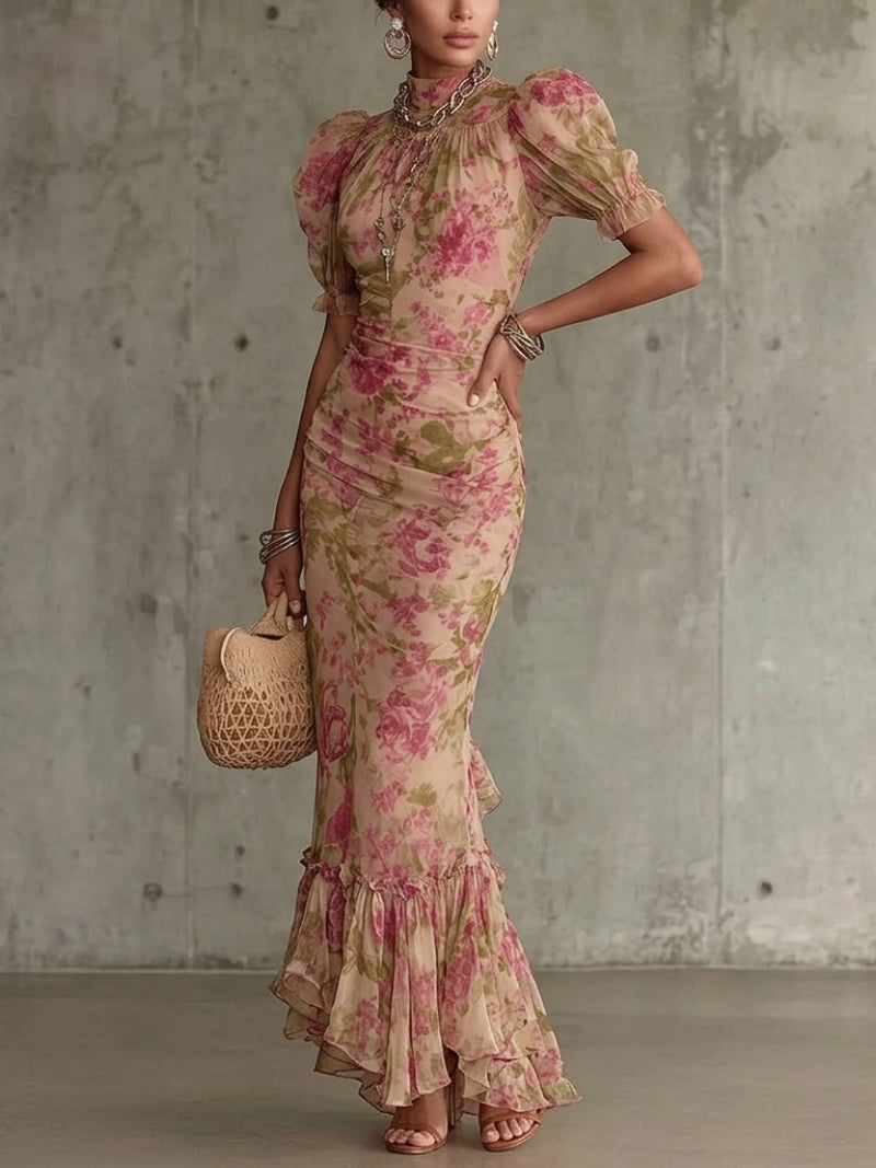 Women's Floral Dress with Puff Sleeve | Maxi