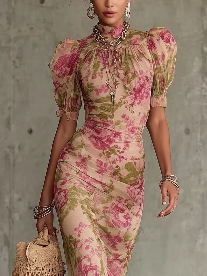 Women's Floral Dress with Puff Sleeve | Maxi