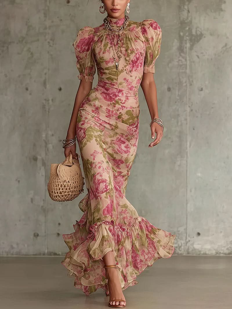 Women's Floral Dress with Puff Sleeve | Maxi