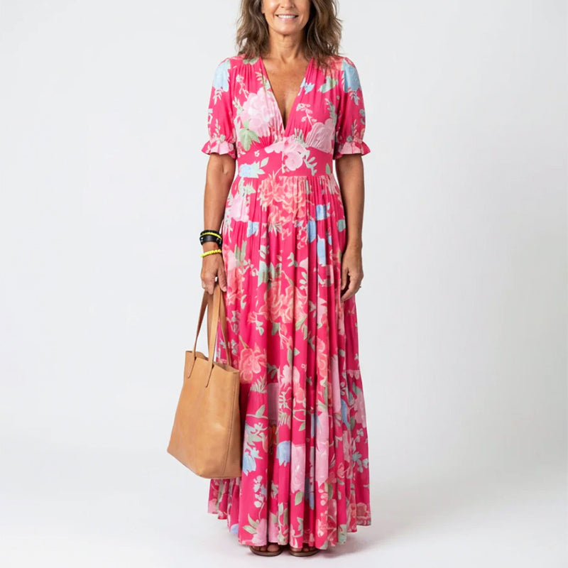 Women's Floral Dress with Puff Sleeve | V-Neck Maxi