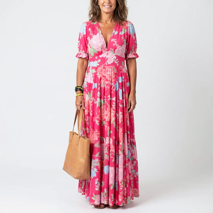 Women's Floral Dress with Puff Sleeve | V-Neck Maxi