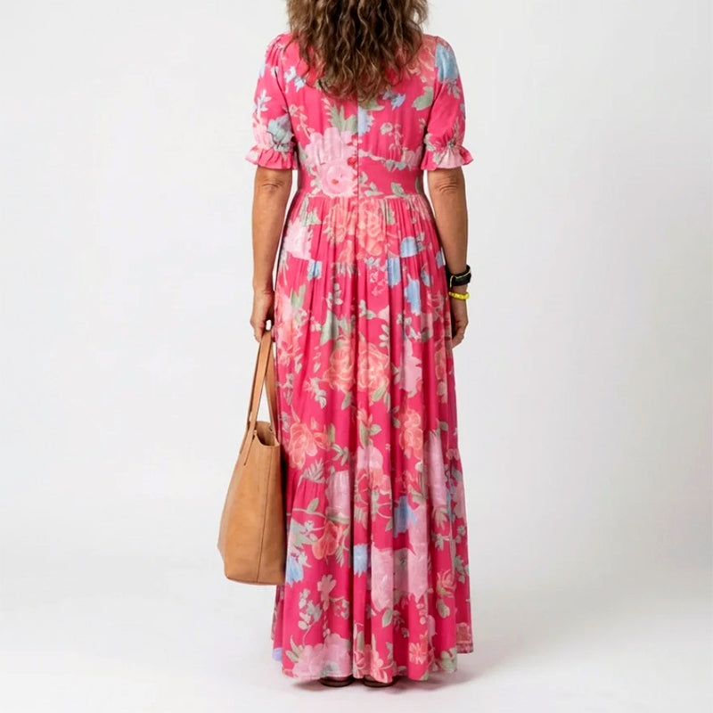 Women's Floral Dress with Puff Sleeve | V-Neck Maxi