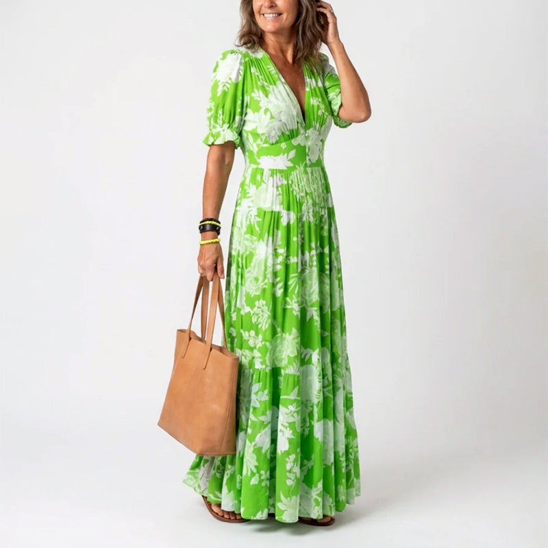 Women's Floral Dress with Puff Sleeve | V-Neck Maxi