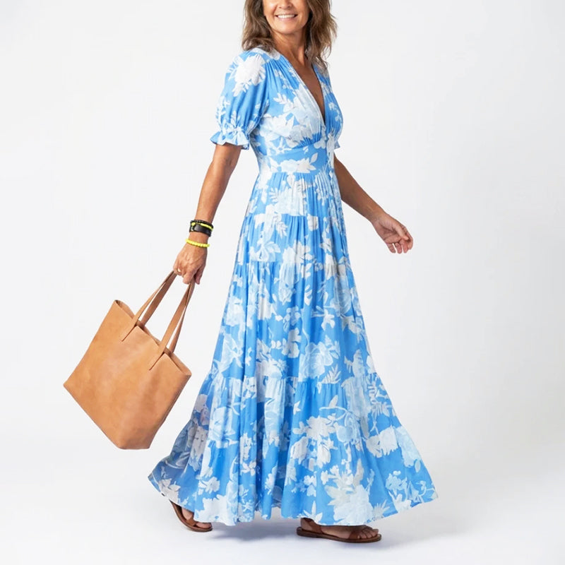 Women's Floral Dress with Puff Sleeve | V-Neck Maxi