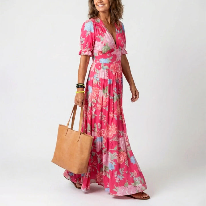 Women's Floral Dress with Puff Sleeve | V-Neck Maxi