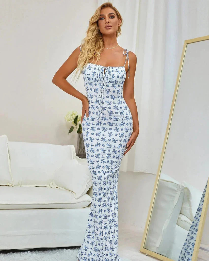 Women's Floral Dress with Tie Strap & Square Neck | Maxi