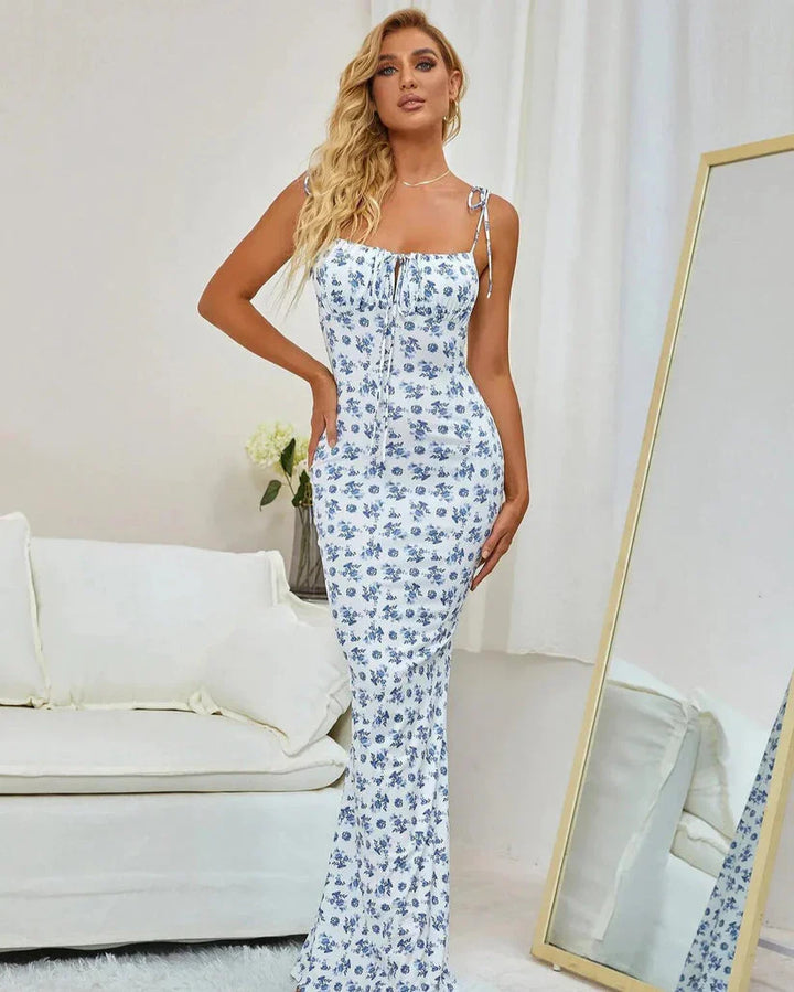 Women's Floral Dress with Tie Strap & Square Neck | Maxi