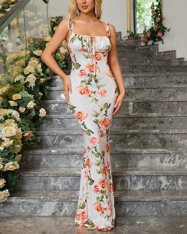Women's Floral Dress with Tie Strap & Square Neck | Maxi