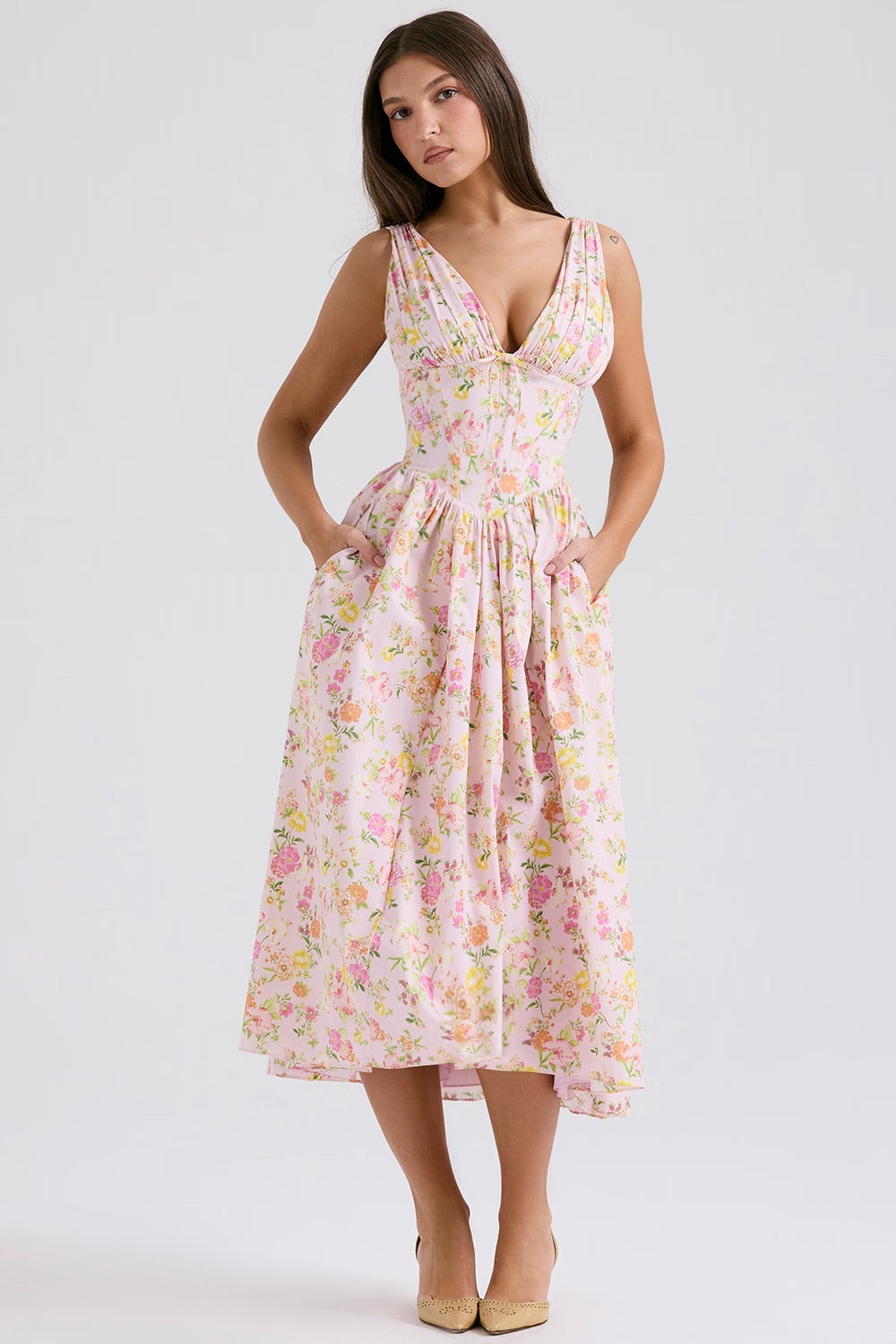 Women's Floral Dress with V-Neck | Midi