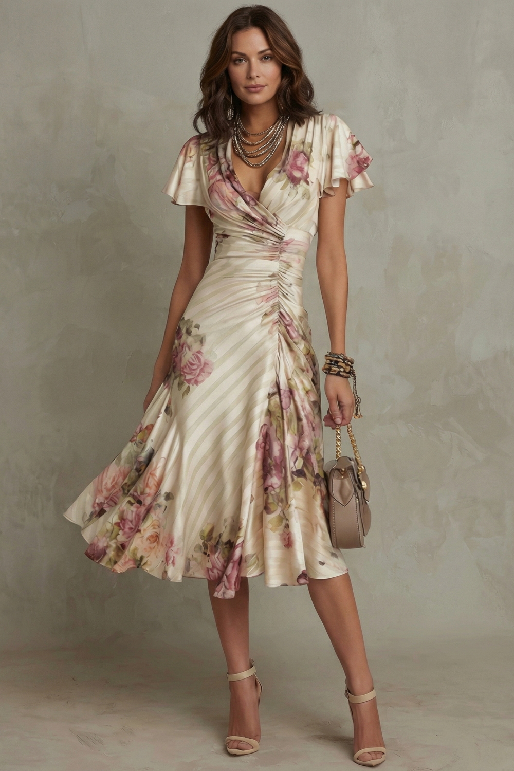 Women's Floral Dress with V-Neck | Midi