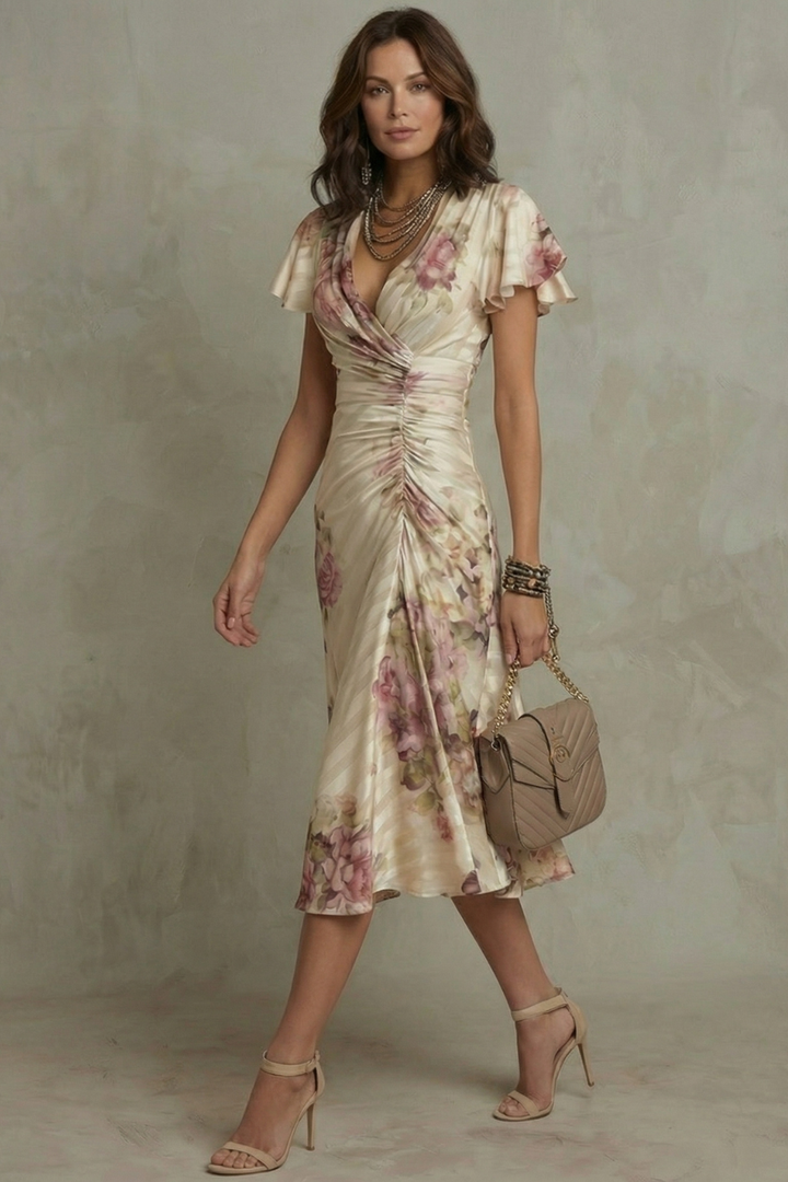 Women's Floral Dress with V-Neck | Midi