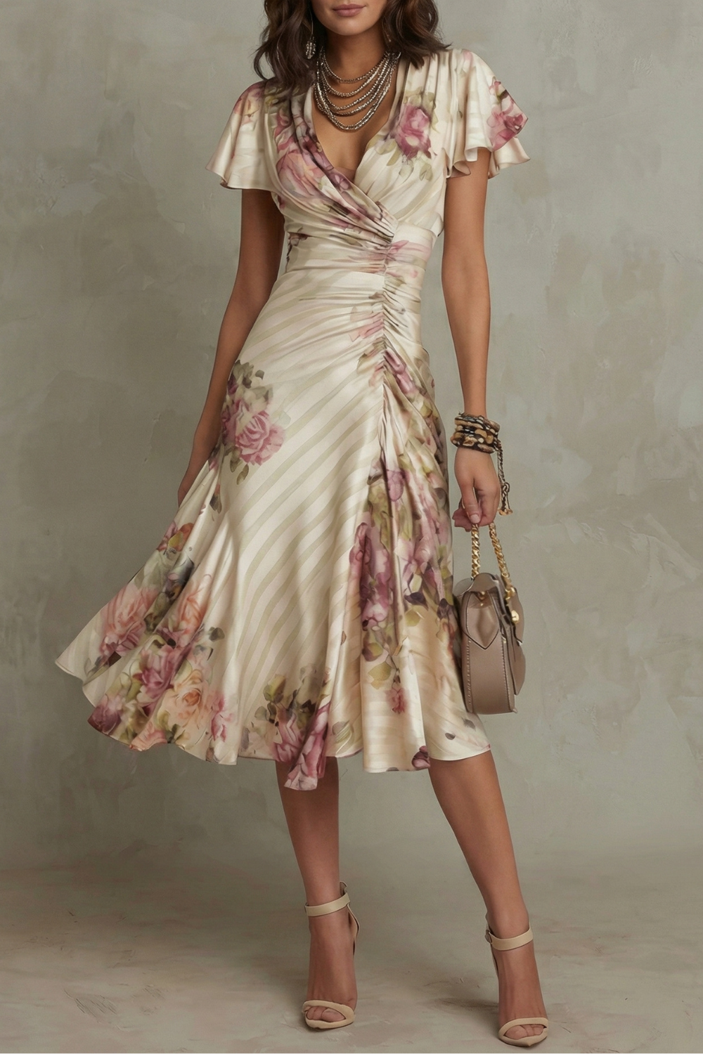 Women's Floral Dress with V-Neck | Midi