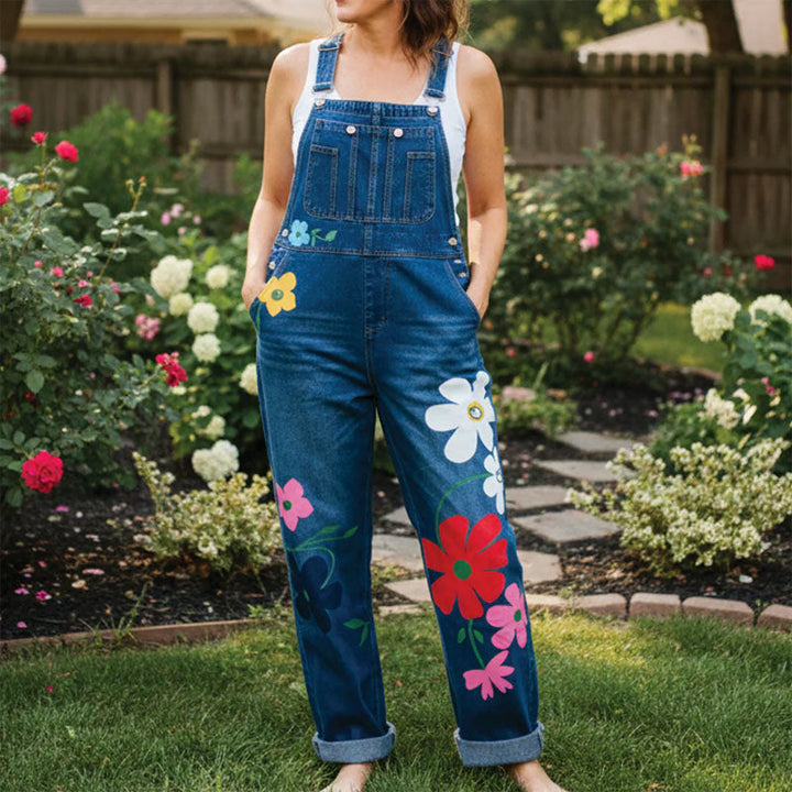 Women's Floral Jumpsuit with Bib Pockets & Straps | Wide Leg