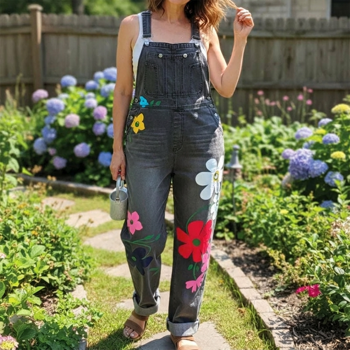 Women's Floral Jumpsuit with Bib Pockets & Straps | Wide Leg