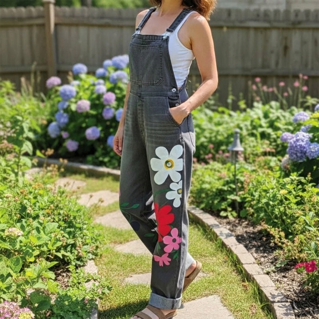 Women's Floral Jumpsuit with Bib Pockets & Straps | Wide Leg