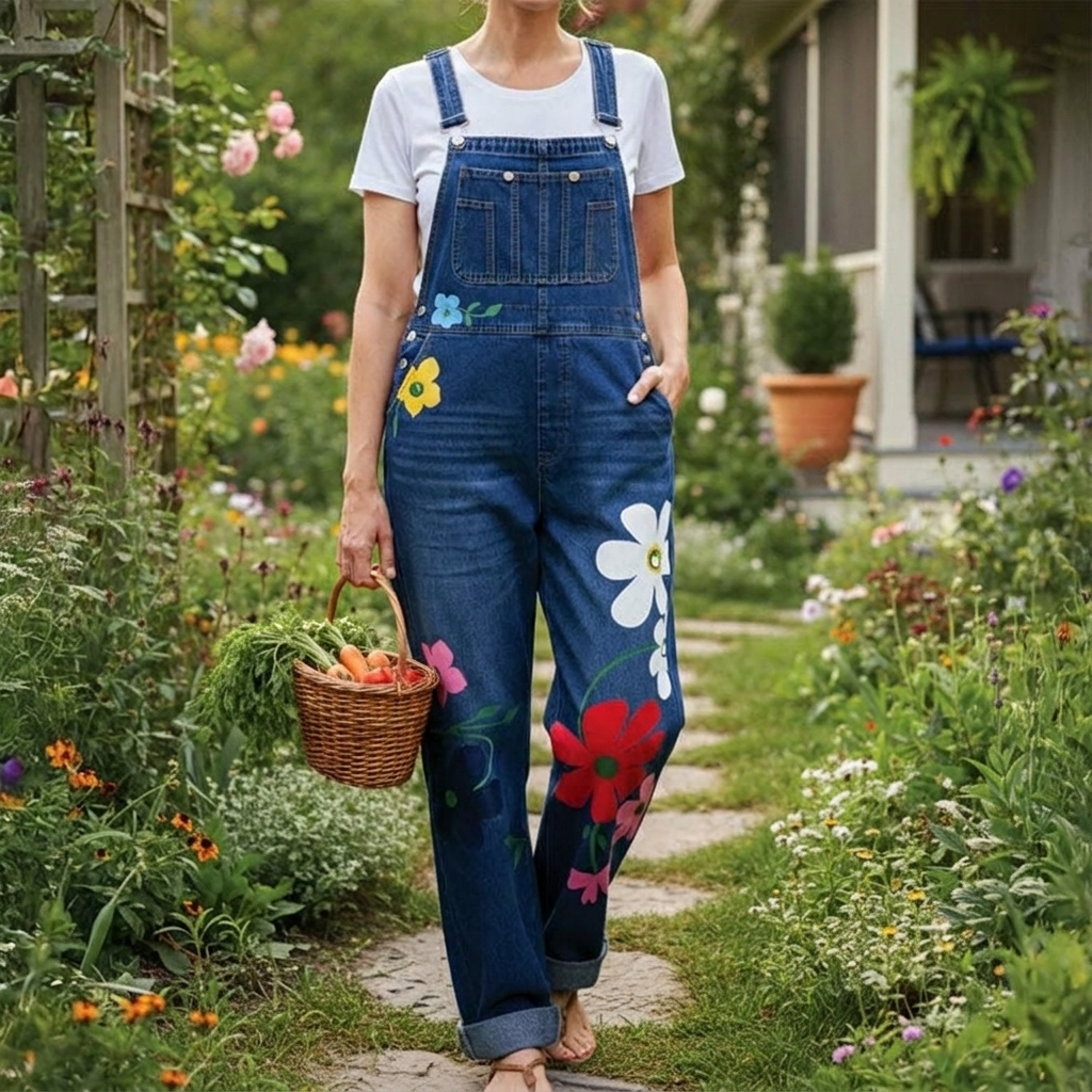 Women's Floral Jumpsuit with Bib Pockets & Straps | Wide Leg