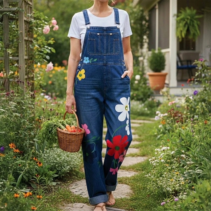 Women's Floral Jumpsuit with Bib Pockets & Straps | Wide Leg