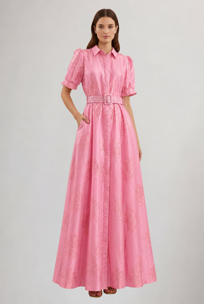 Women's Floral Maxi Dress with Belted Waist & Lapel | Wedding Guest
