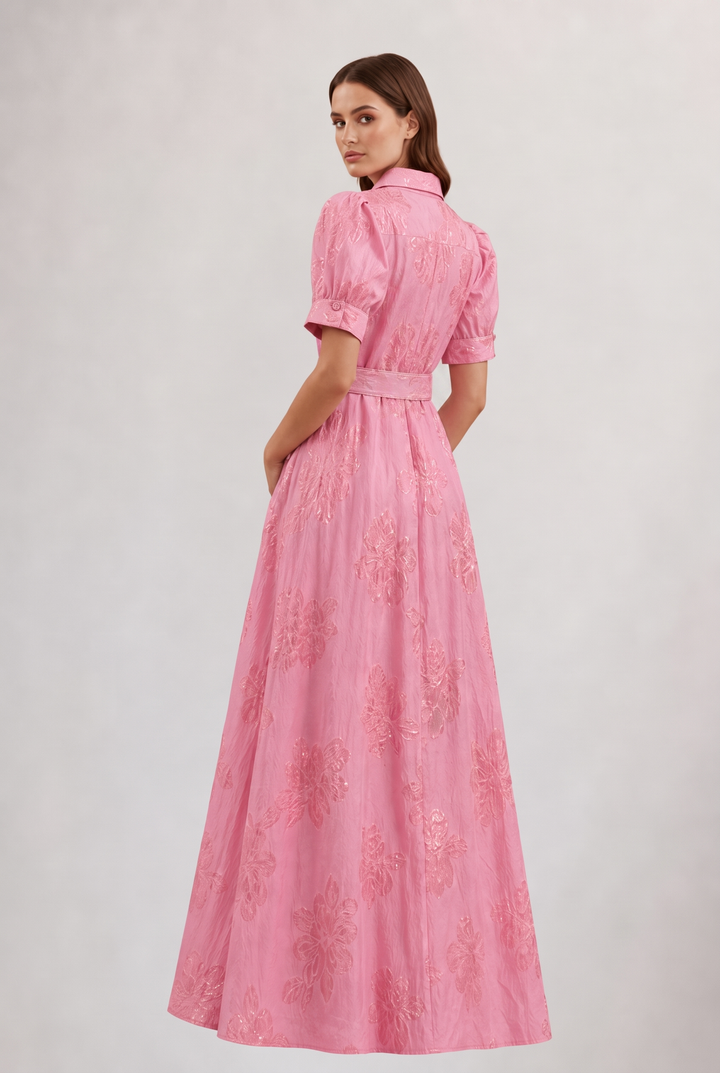 Women's Floral Maxi Dress with Belted Waist & Lapel | Wedding Guest