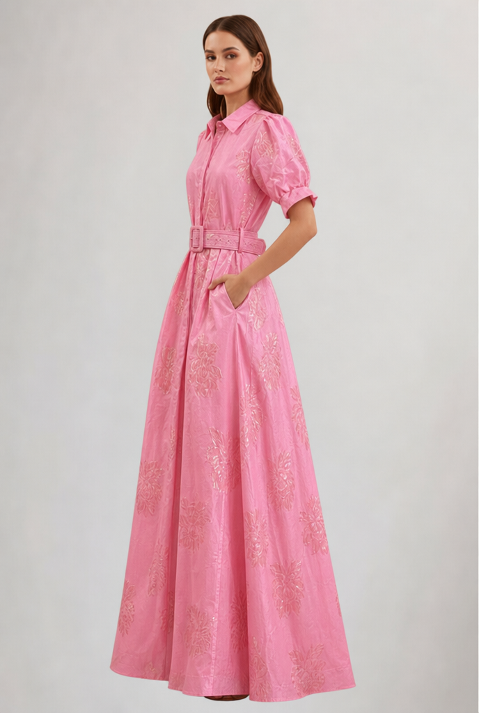 Women's Floral Maxi Dress with Belted Waist & Lapel | Wedding Guest