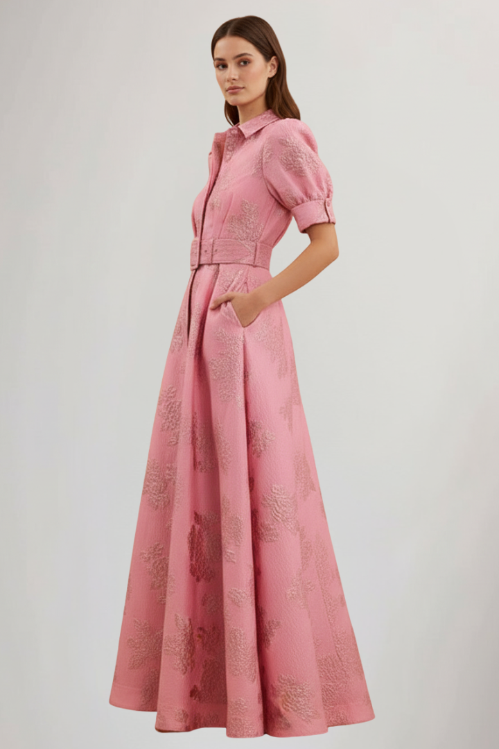 Women's Floral Maxi Dress with Belted Waist & Lapel | Wedding Guest