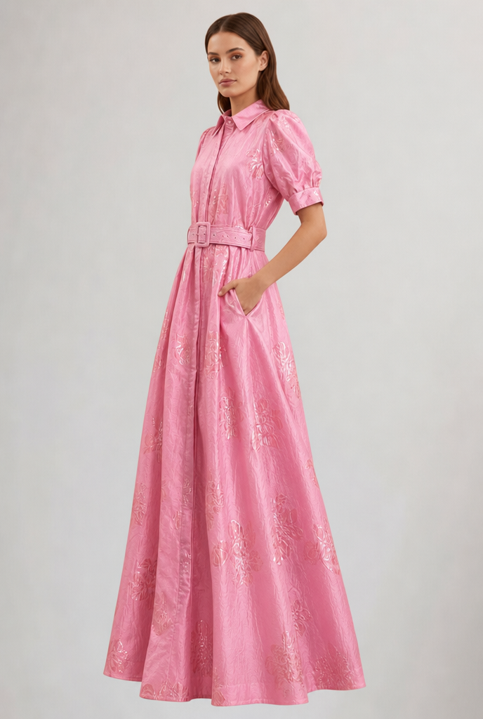 Women's Floral Maxi Dress with Belted Waist & Lapel | Wedding Guest
