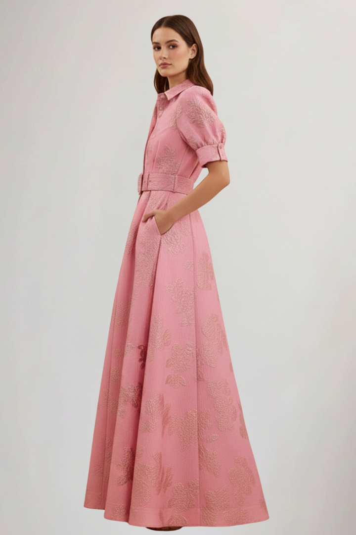 Women's Floral Maxi Dress with Belted Waist & Lapel | Wedding Guest