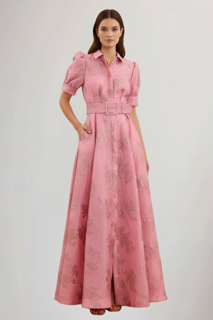 Women's Floral Maxi Dress with Belted Waist & Lapel | Wedding Guest