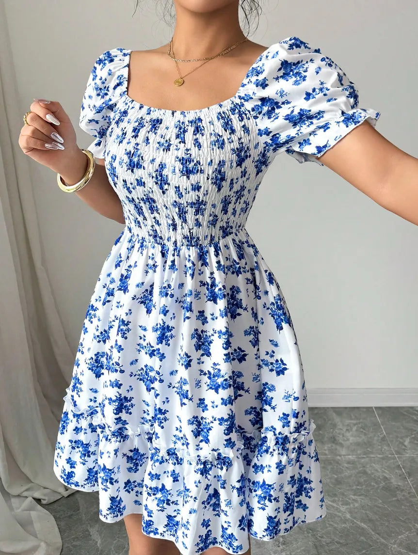 Women's Floral Shirt Dress with Smocked Bodice | Puff Sleeve