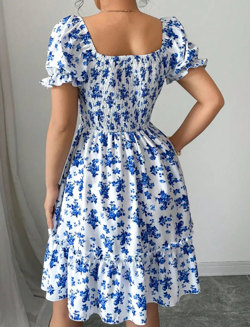 Women's Floral Shirt Dress with Smocked Bodice | Puff Sleeve