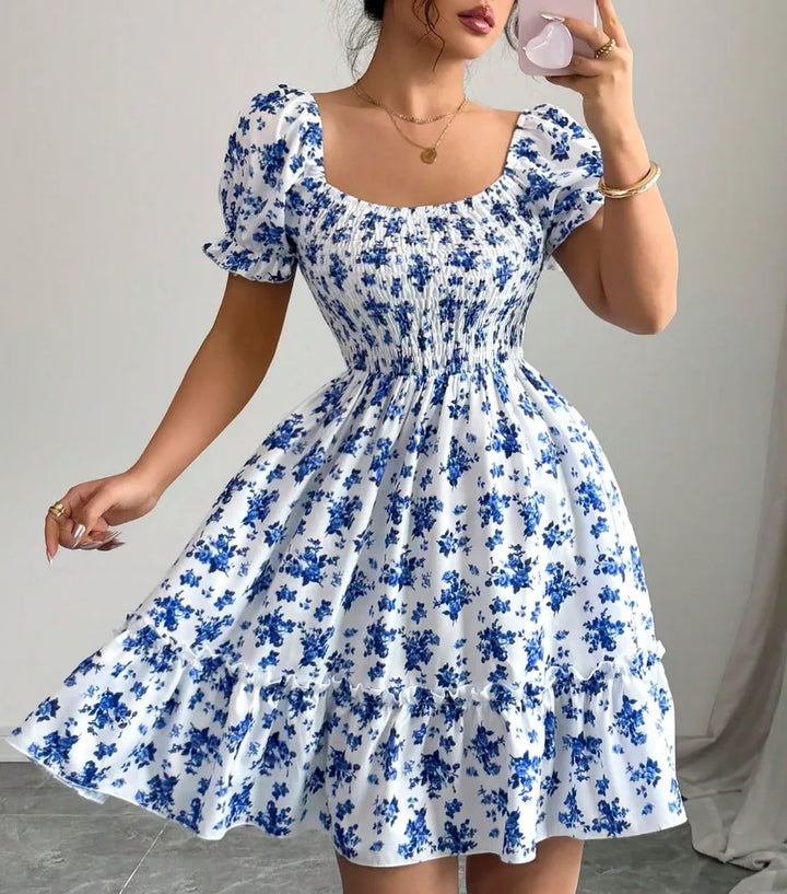 Women's Floral Shirt Dress with Smocked Bodice | Puff Sleeve