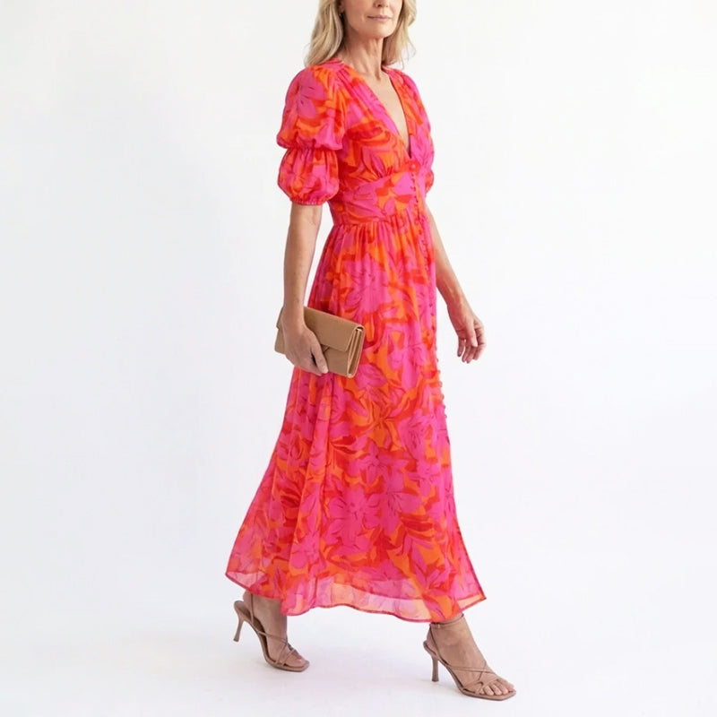 Women's Floral Wedding Guest Dress with Puff Sleeve | Maxi