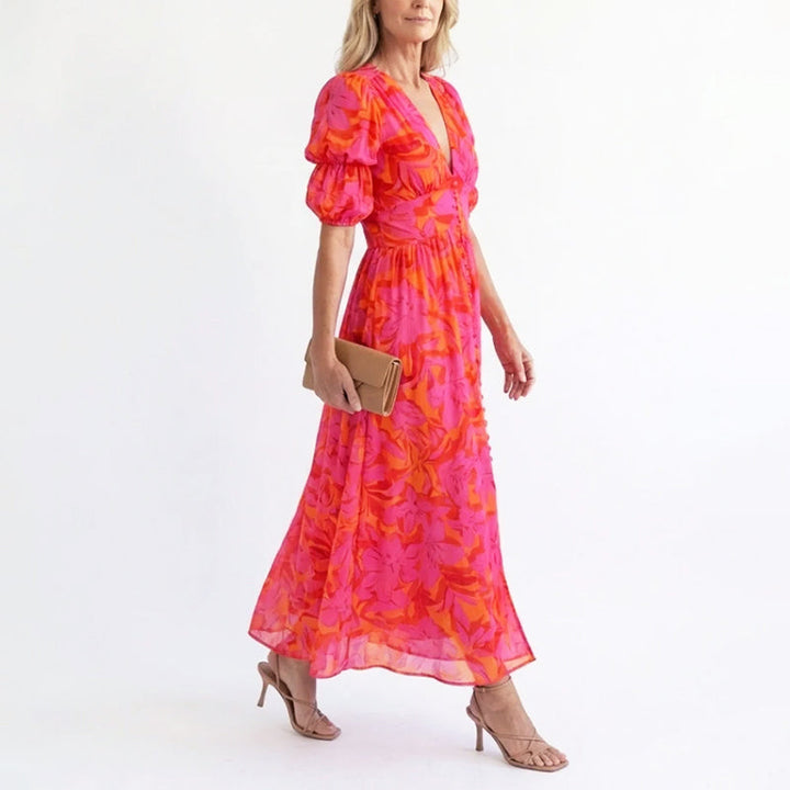 Women's Floral Wedding Guest Dress with Puff Sleeve | Maxi