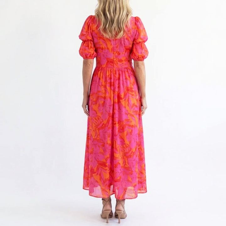 Women's Floral Wedding Guest Dress with Puff Sleeve | Maxi