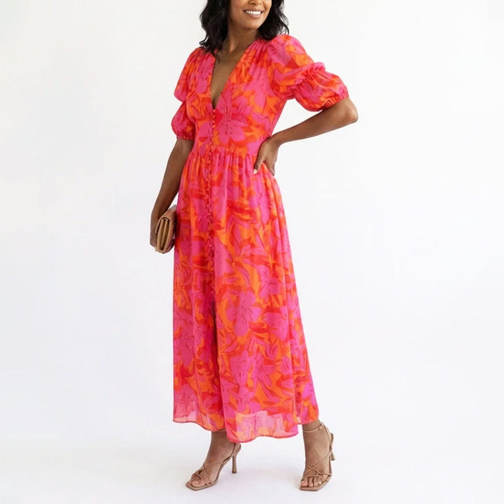 Women's Floral Wedding Guest Dress with Puff Sleeve | Maxi