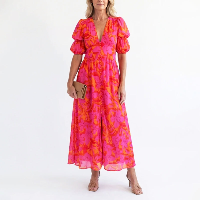 Women's Floral Wedding Guest Dress with Puff Sleeve | Maxi