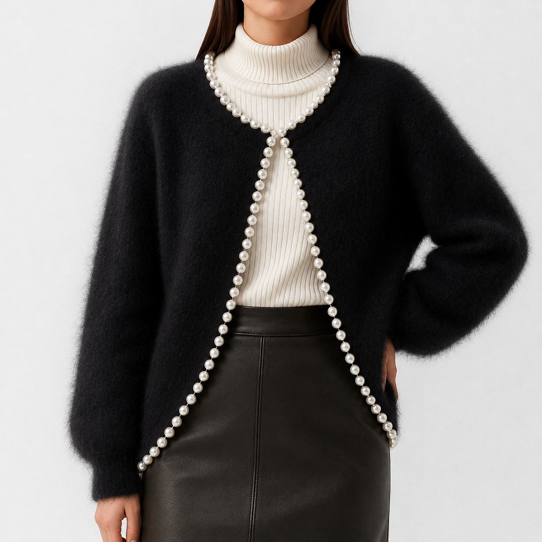 Women's Fluffy Cardigan with Beaded Trim | Open Front