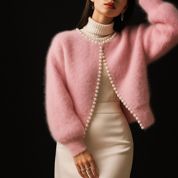 Women's Fluffy Cardigan with Beaded Trim | Open Front